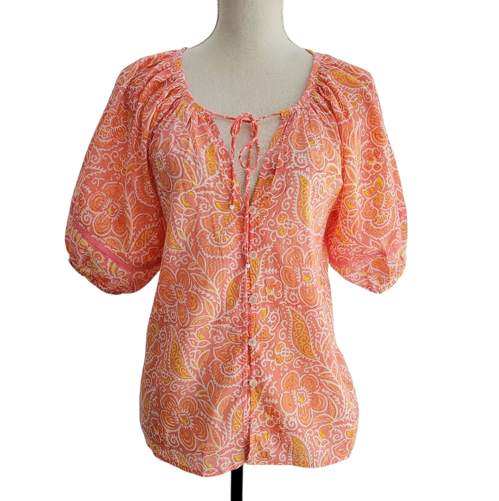 Cleobella Layla Blouse Blossom Block Print‎ Boho Puff Sleeve Top Size S